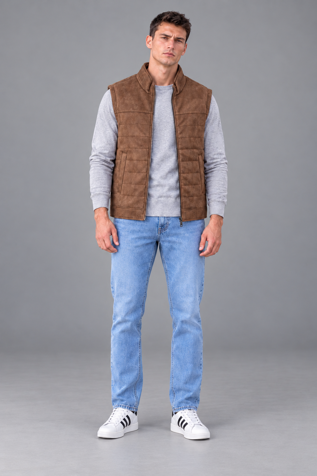Men’s Regular Fit Suede Woven Gilet – Cocoa Brown Full-Zip Sleeveless Jacket