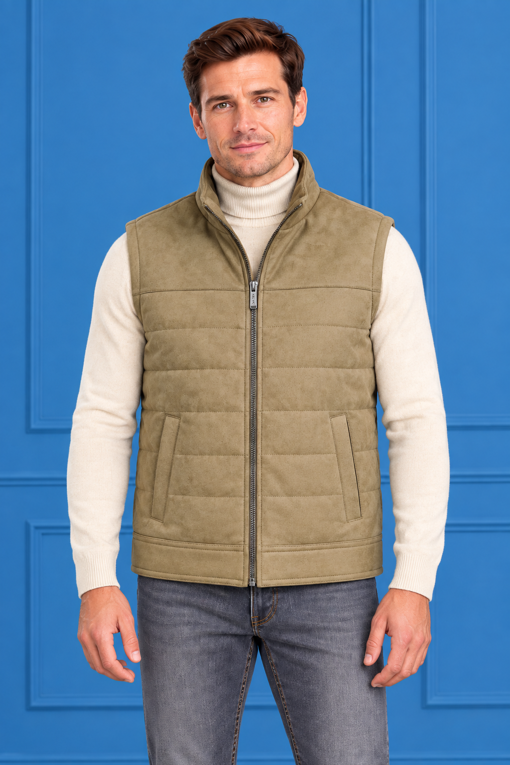 Men’s Khaki Quilted Knitted Suede Puffer Gilet – Regular Fit Full Zip Sleeveless Jacket