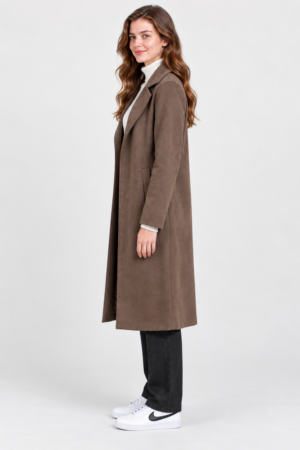 Women’s Regular Fit Knitted Suede Long Coat – Espresso Brown