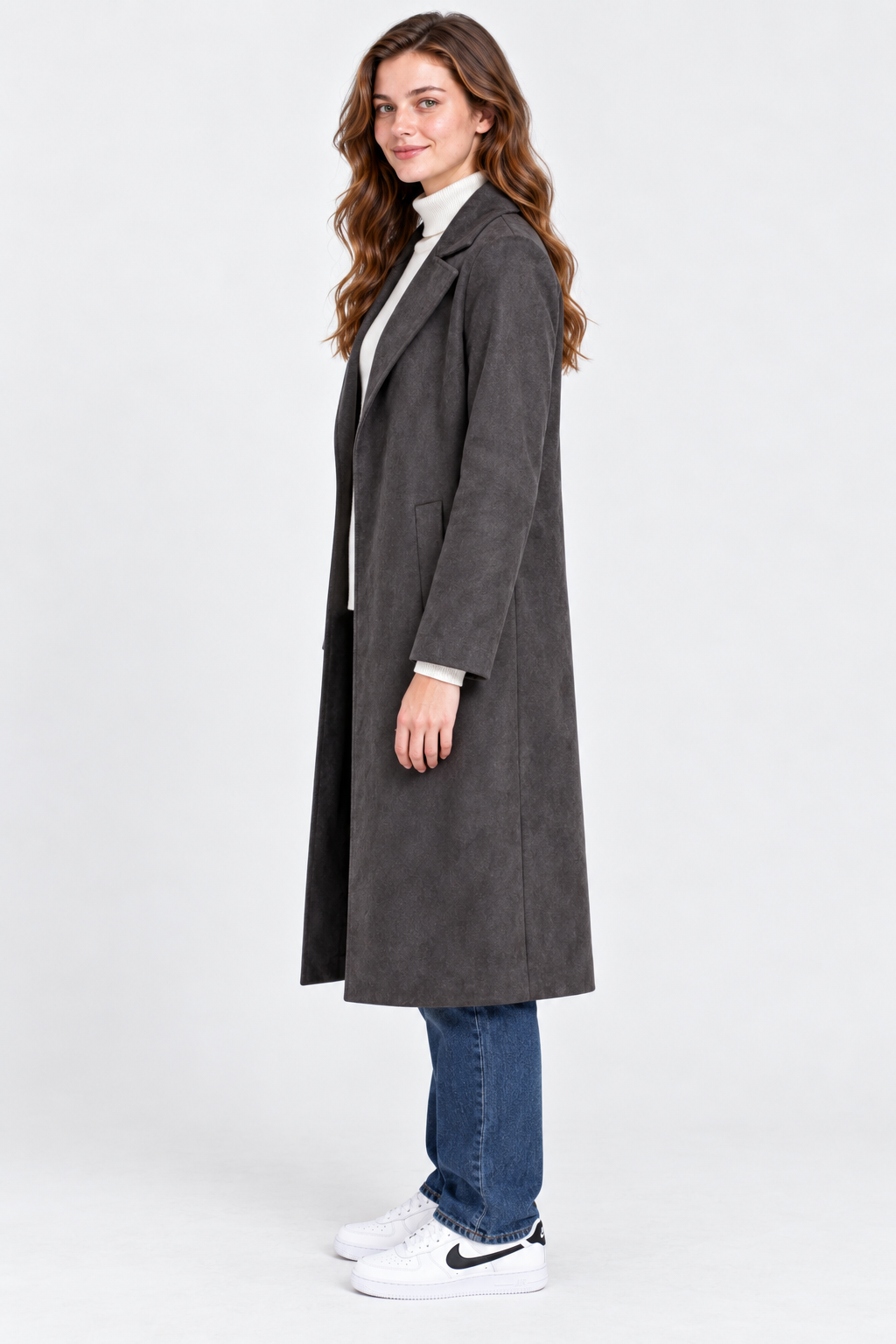 Women’s Regular Fit Knitted Suede Long Coat – Peacock