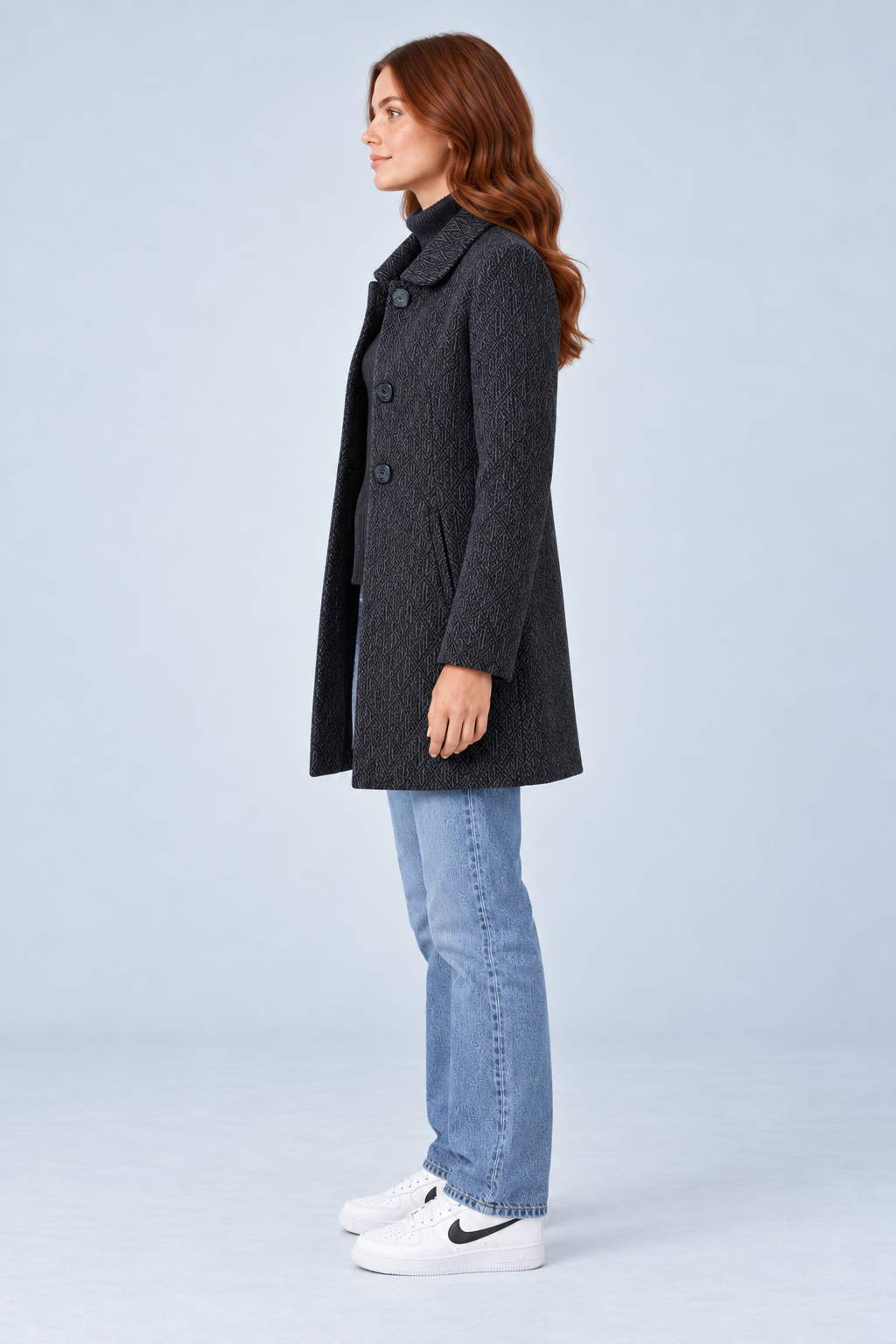 Women’s Regular Fit Chenille Long Coat – Navy Textured Button-Front Coat