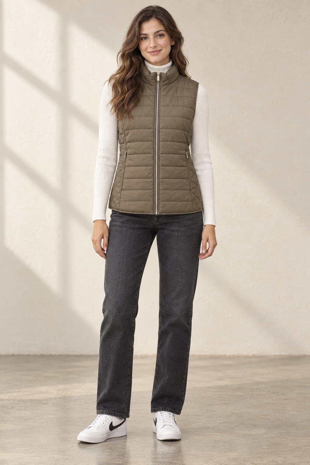 Women’s Lightweight Reversible Woven Puffer Gilet – Mud Dark Beige Regular Fit