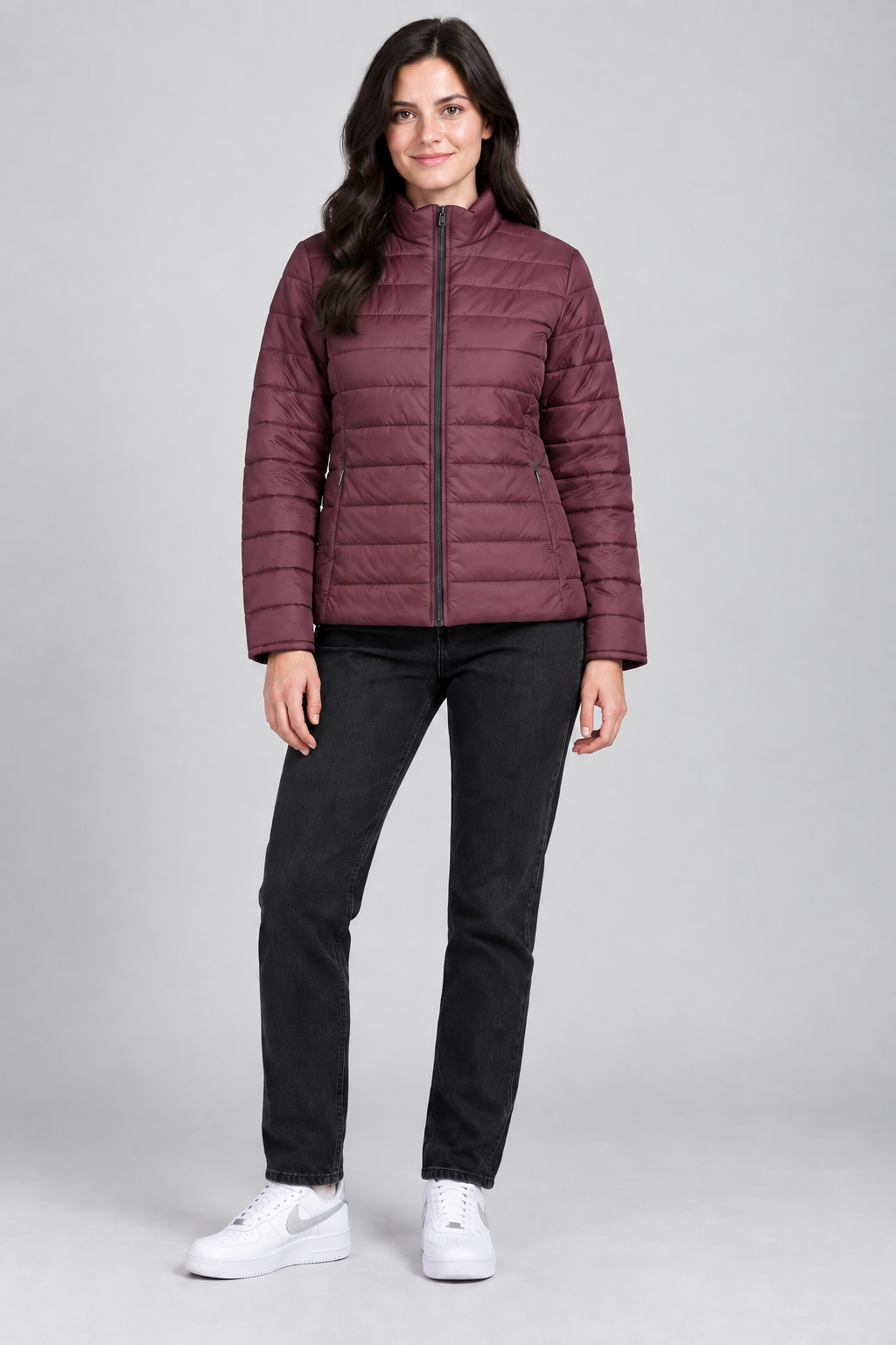 Women’s Lightweight Reversible Woven Puffer Jacket – Black & Wine Regular Fit