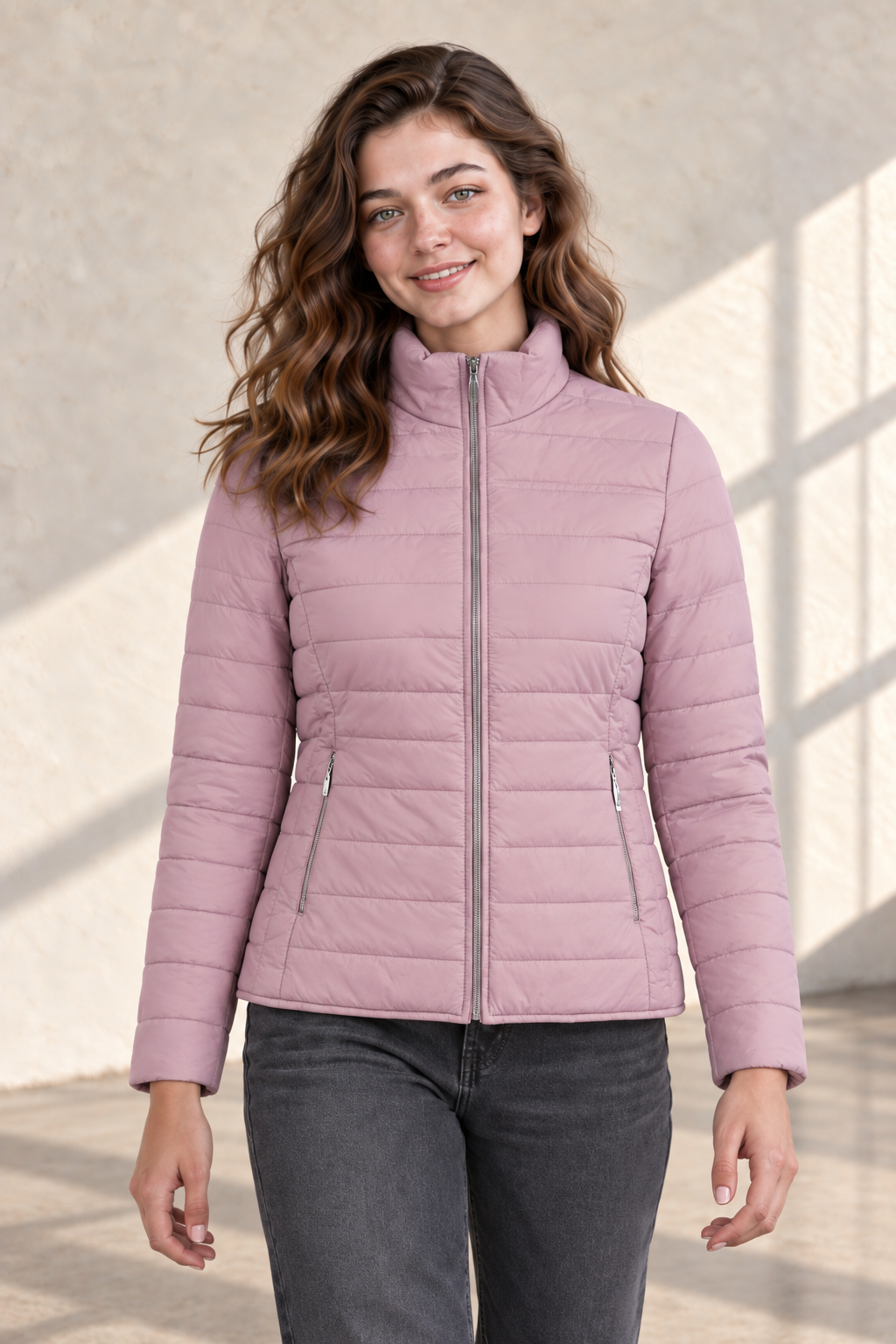 Women’s Lightweight Reversible Nylon Puffer Jacket – Blush & Stone Regular Fit