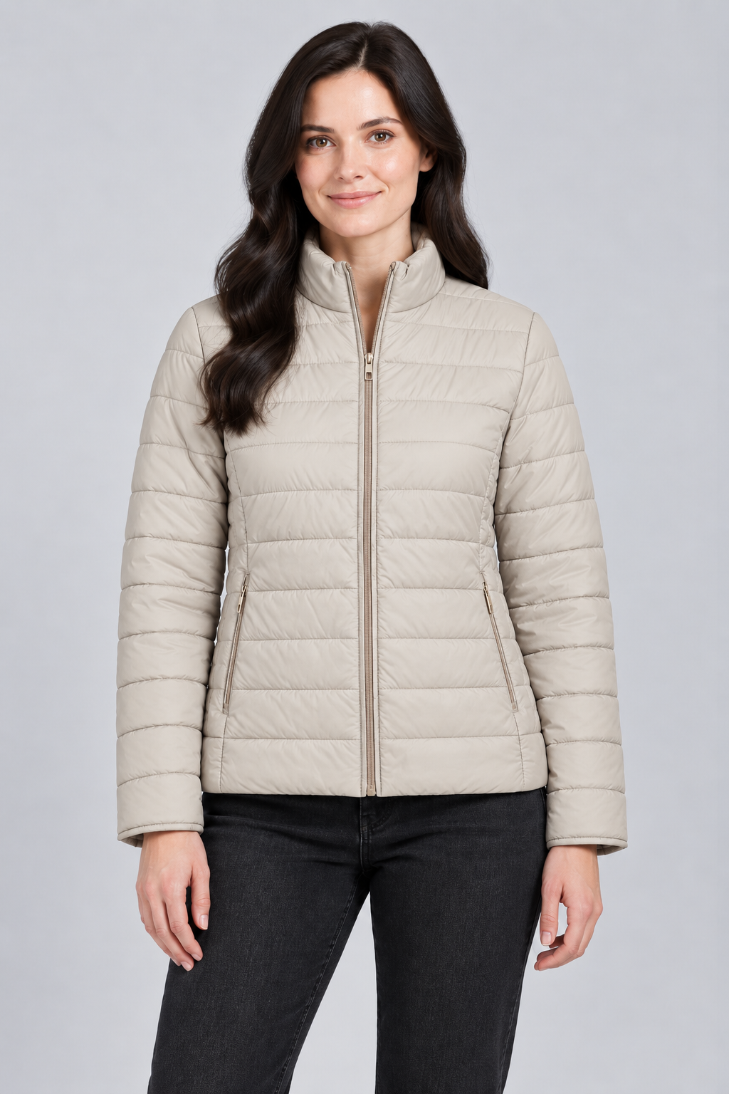 Women’s Lightweight Reversible Nylon Puffer Jacket – Champagne Beige Regular Fit