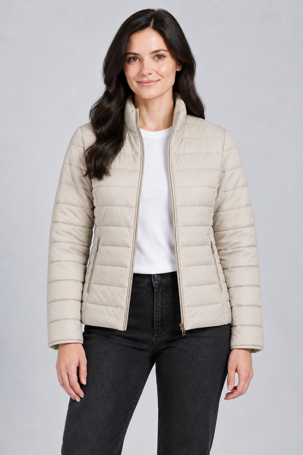 Women’s Lightweight Reversible Nylon Puffer Jacket – Champagne Beige Regular Fit