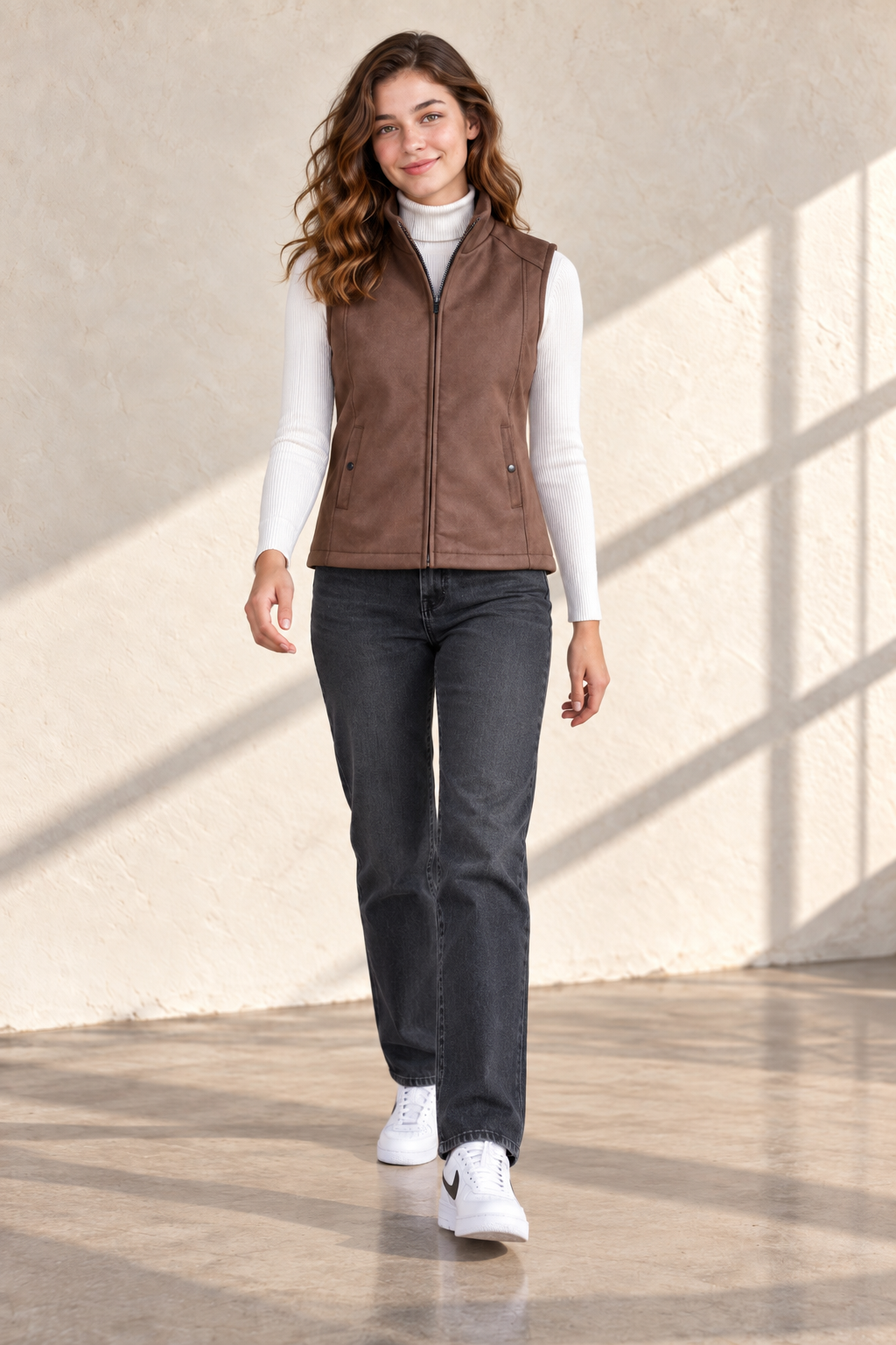 Women’s Suede Puffer Gilet – Choco Brown Regular Fit Sleeveless Winter Jacket