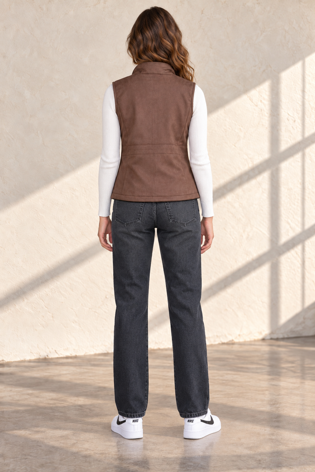 Women’s Suede Puffer Gilet – Choco Brown Regular Fit Sleeveless Winter Jacket