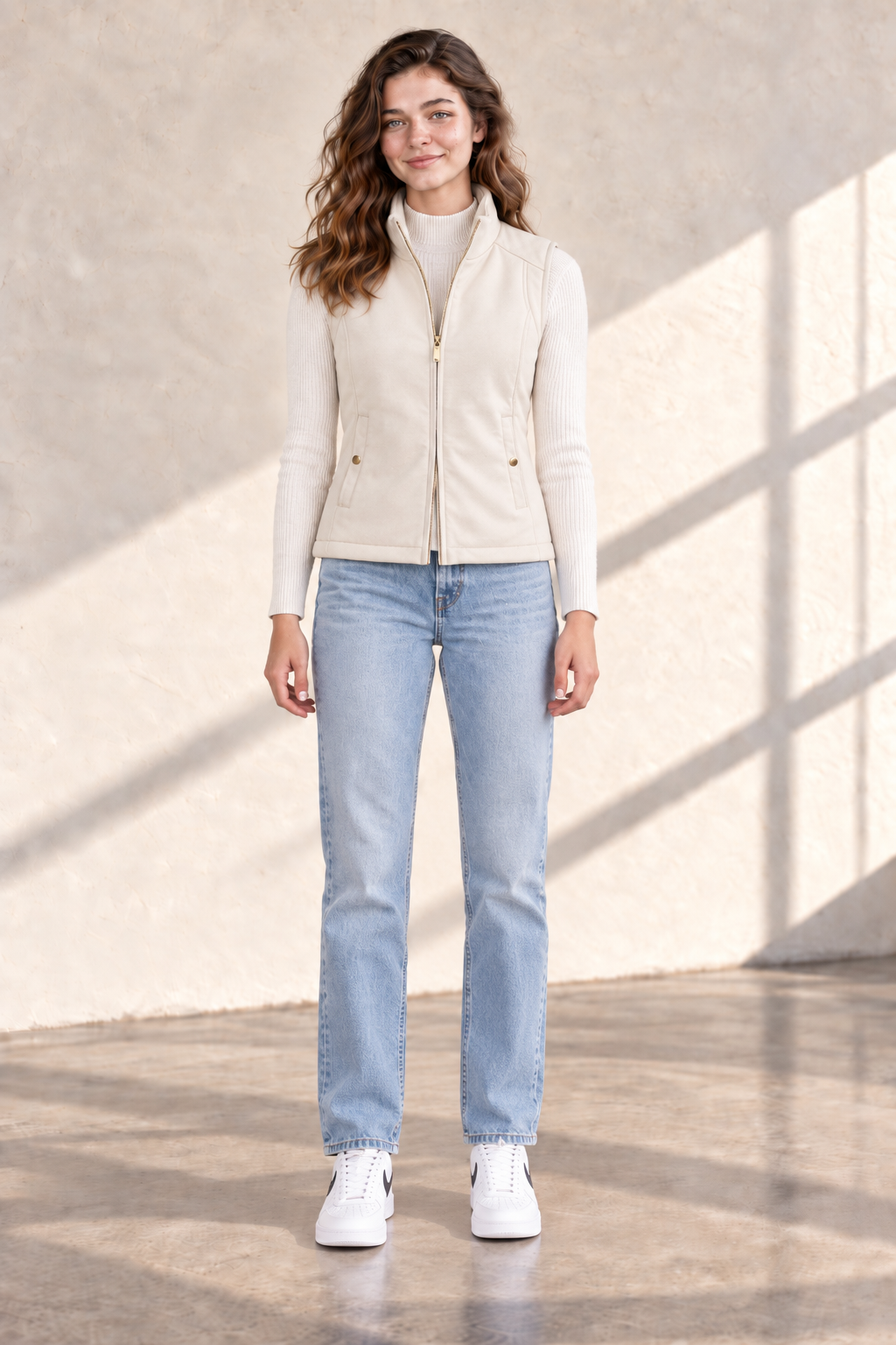 Women’s Suede Puffer Gilet – Ivory Regular Fit Sleeveless Winter Jacket