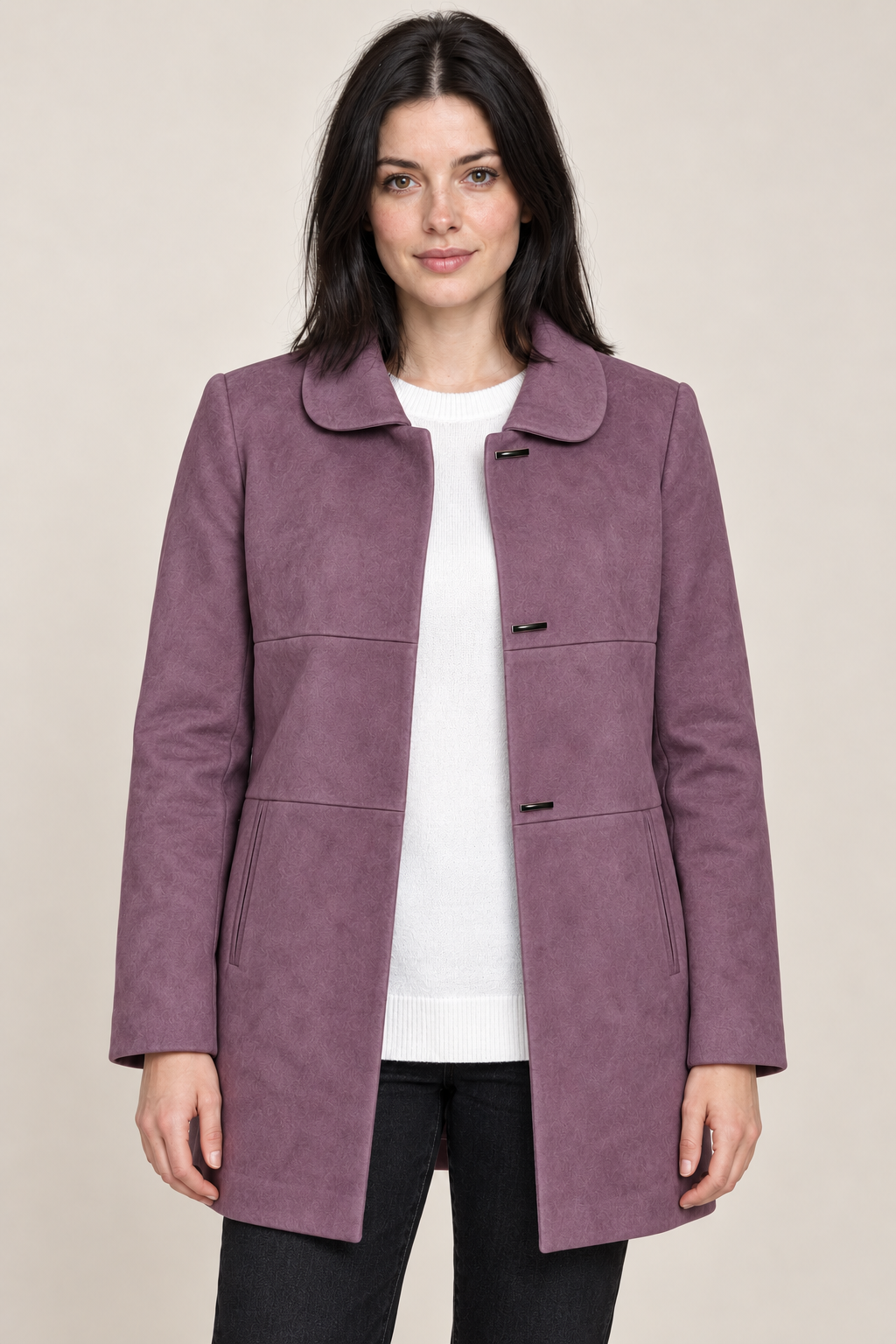 Women’s Regular Fit Knitted Suede Long Coat – Plum