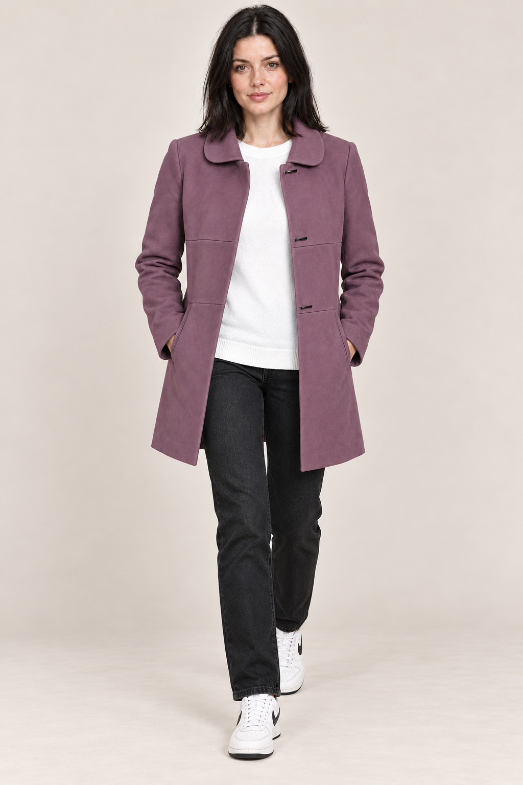 Women’s Regular Fit Knitted Suede Long Coat – Plum