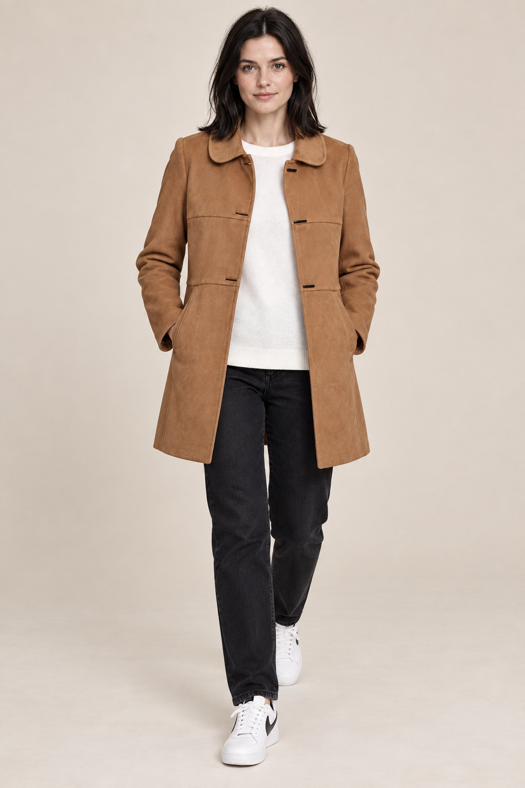 Women’s Regular Fit Knitted Suede Long Coat – Tan