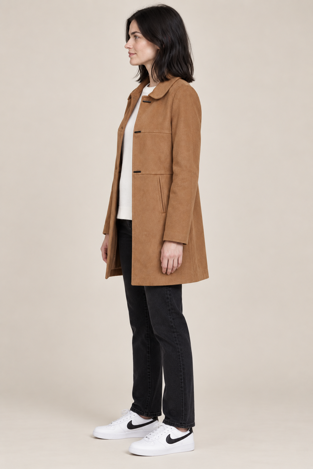 Women’s Regular Fit Knitted Suede Long Coat – Tan