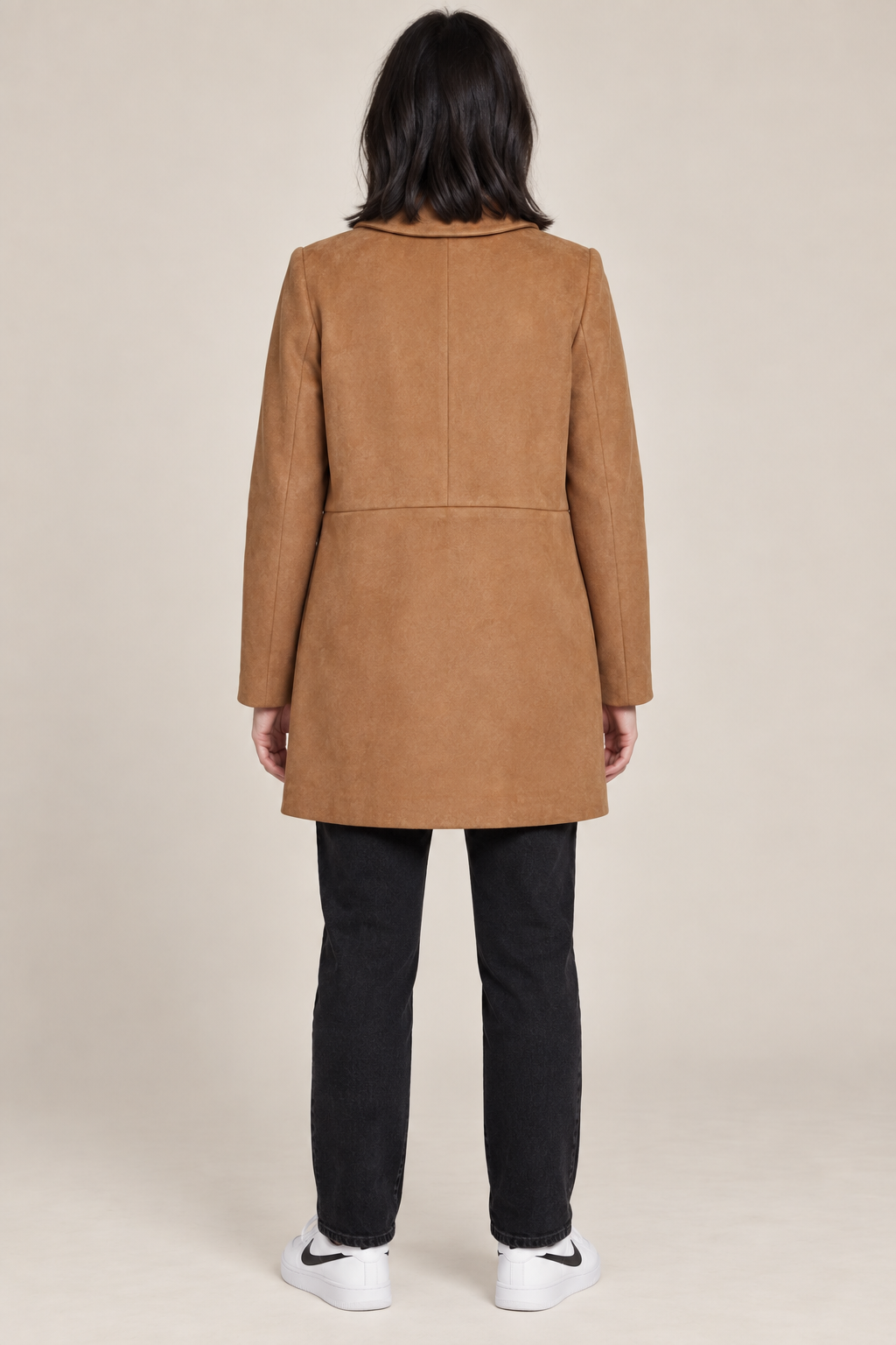 Women’s Regular Fit Knitted Suede Long Coat – Tan