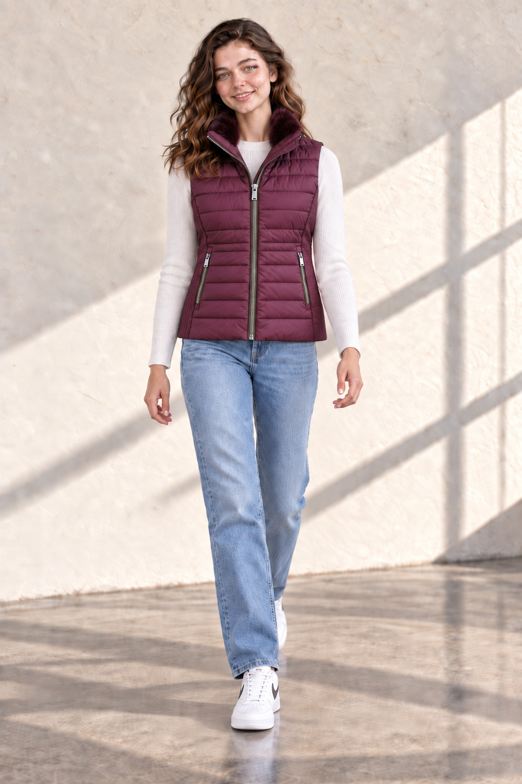 Women’s Wine Nylon Puffer Gilet with Fur Collar – Regular Fit Sleeveless Winter Jacket