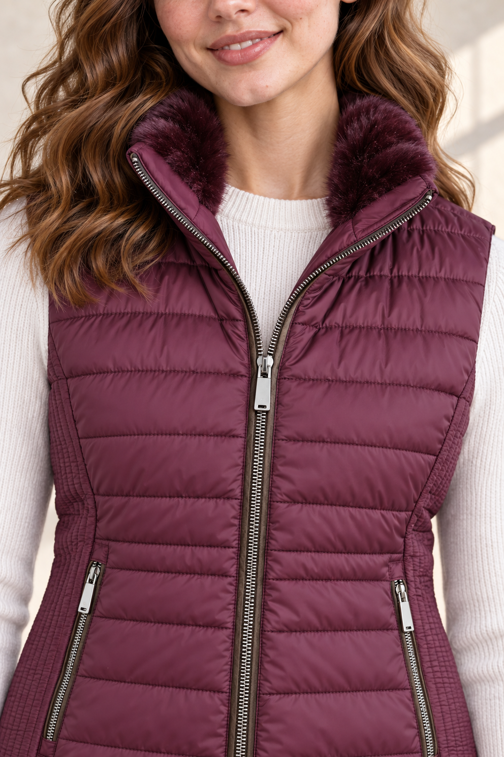 Women’s Wine Nylon Puffer Gilet with Fur Collar – Regular Fit Sleeveless Winter Jacket