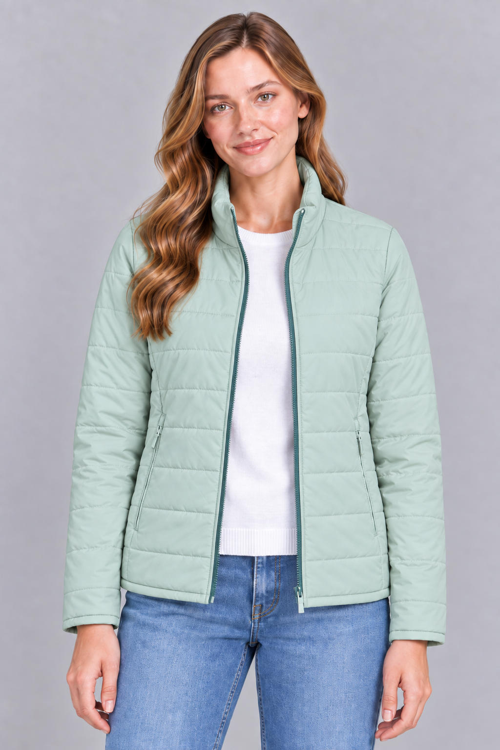 Women’s Lightweight Reversible Nylon Puffer Jacket – Jade Mist Regular Fit
