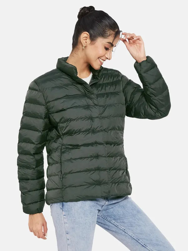 Mettle Women Olive Green Knitted Jacket