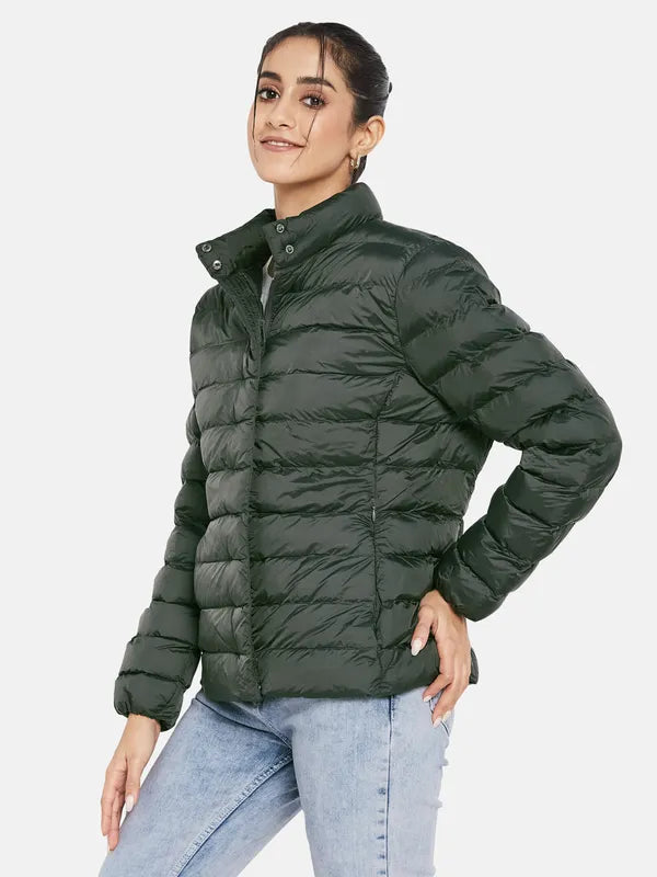 Mettle Women Olive Green Knitted Jacket