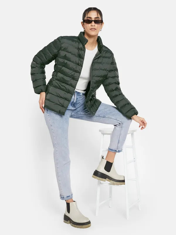 Mettle Women Olive Green Knitted Jacket