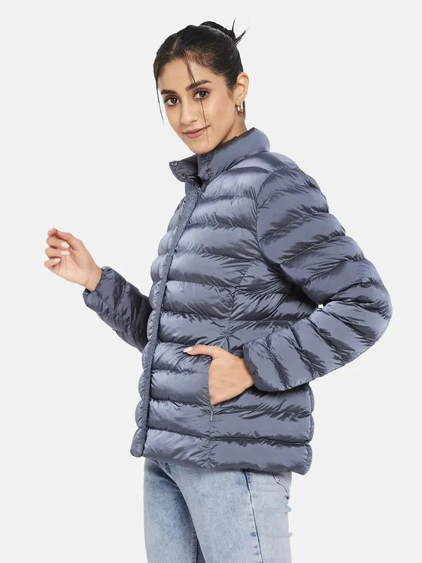 Mettle Women Navy Blue Knitted Jacket