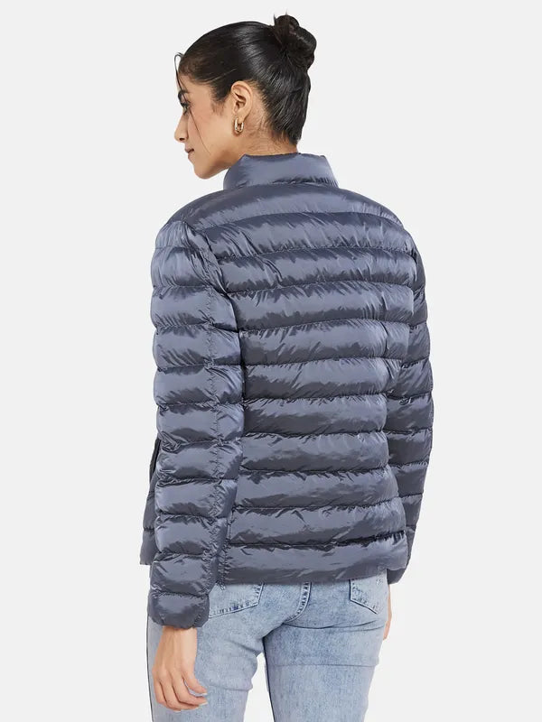 Mettle Women Navy Blue Knitted Jacket