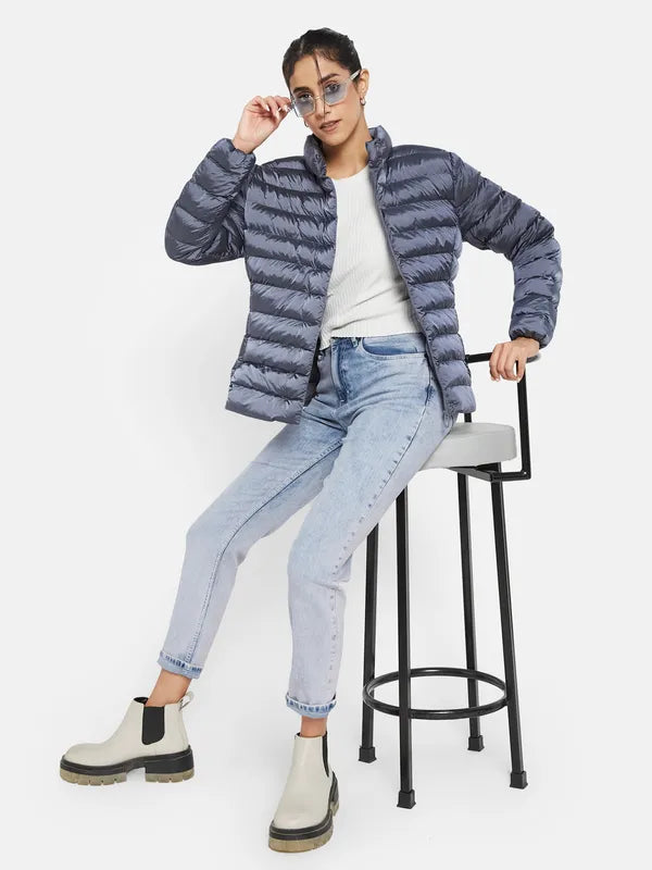 Mettle Women Navy Blue Knitted Jacket