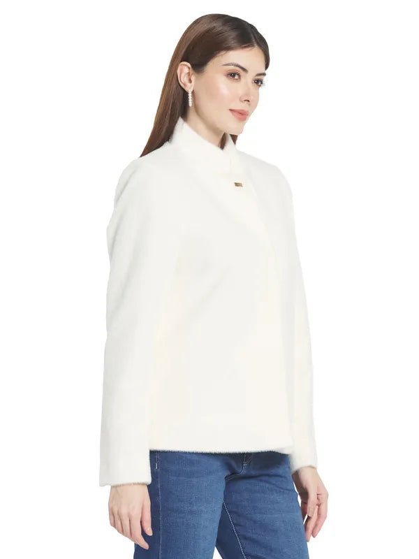 Mettle Women White Solid Cotton Overcoat