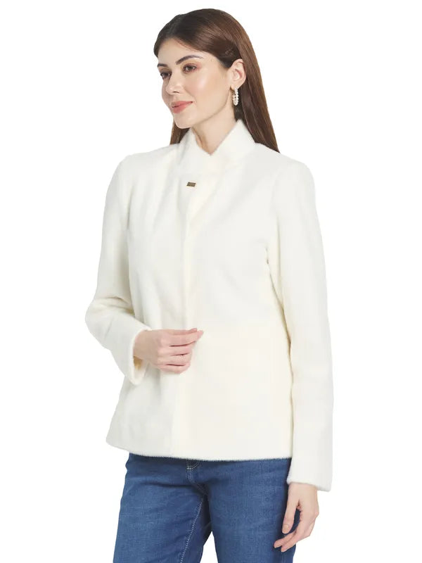 Mettle Women White Solid Cotton Overcoat
