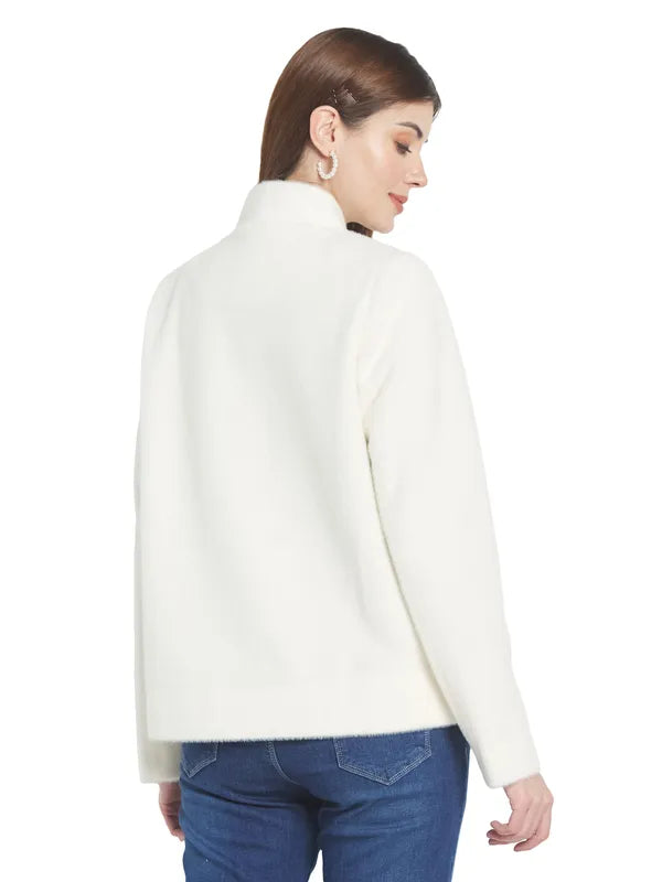 Mettle Women White Solid Cotton Overcoat