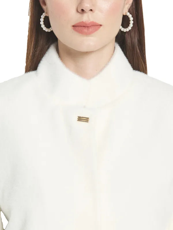 Mettle Women White Solid Cotton Overcoat