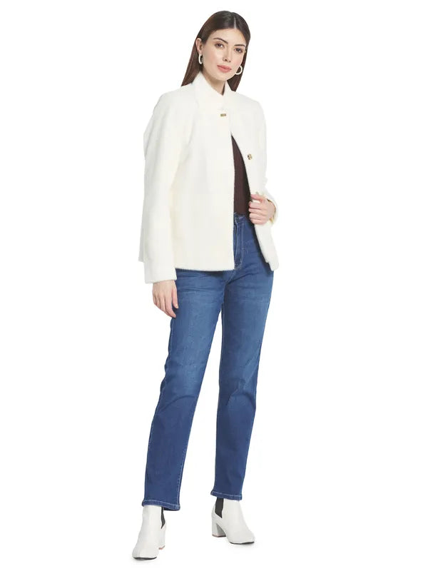 Mettle Women White Solid Cotton Overcoat