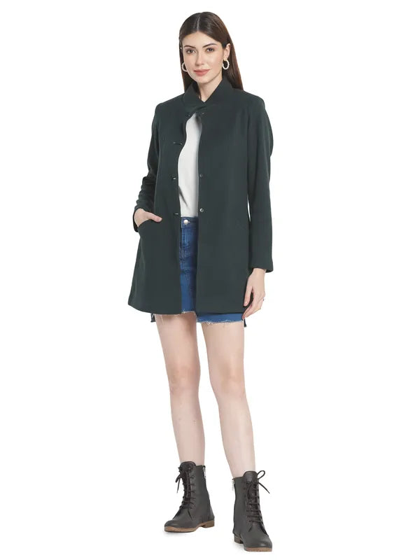Mettle Women Green Solid Single-Breasted Cotton Trench Coat