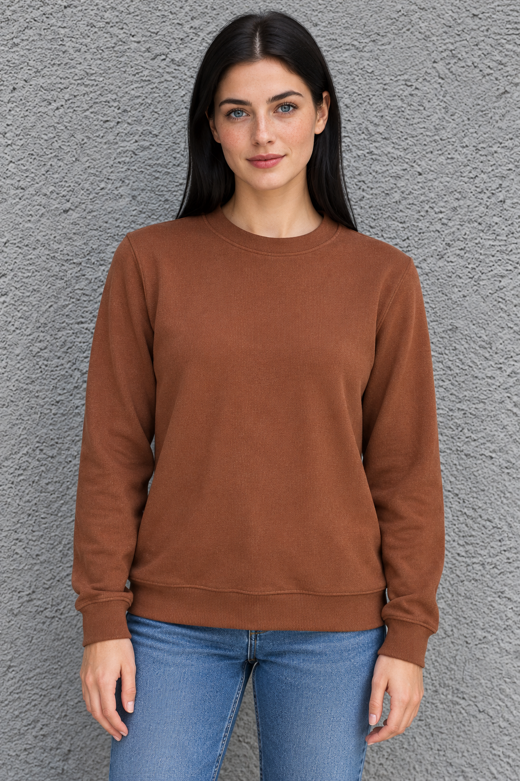 Women’s Lightweight Ultra Warm Knitted Sweatshirt – Brown Crew Neck, Full Sleeves