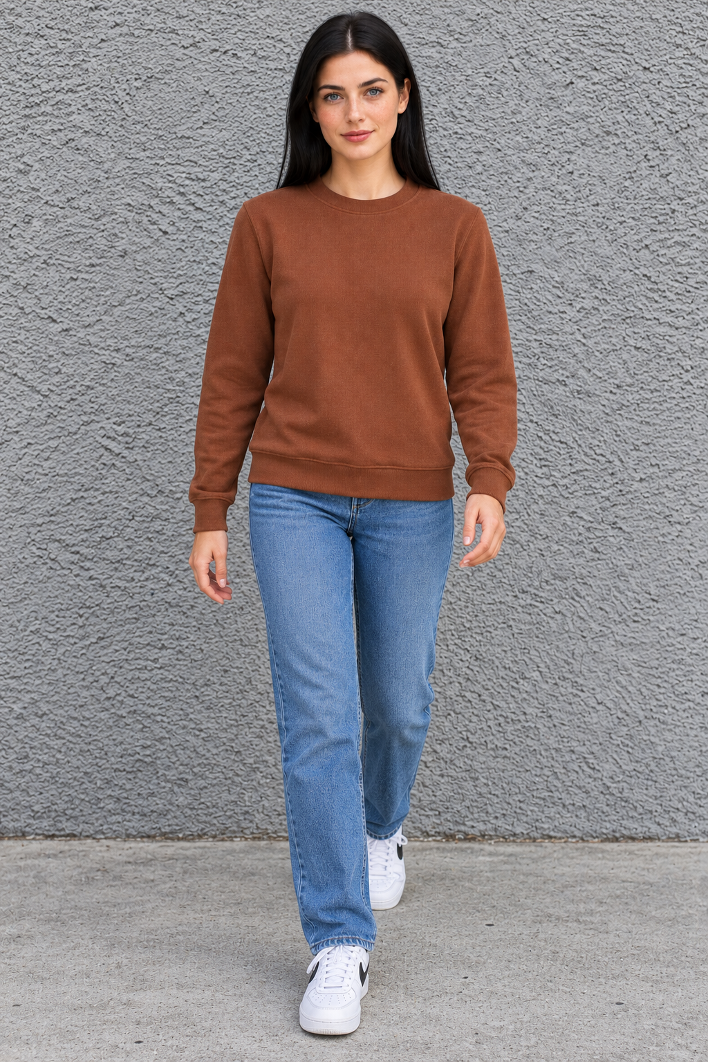 Women’s Lightweight Ultra Warm Knitted Sweatshirt – Brown Crew Neck, Full Sleeves
