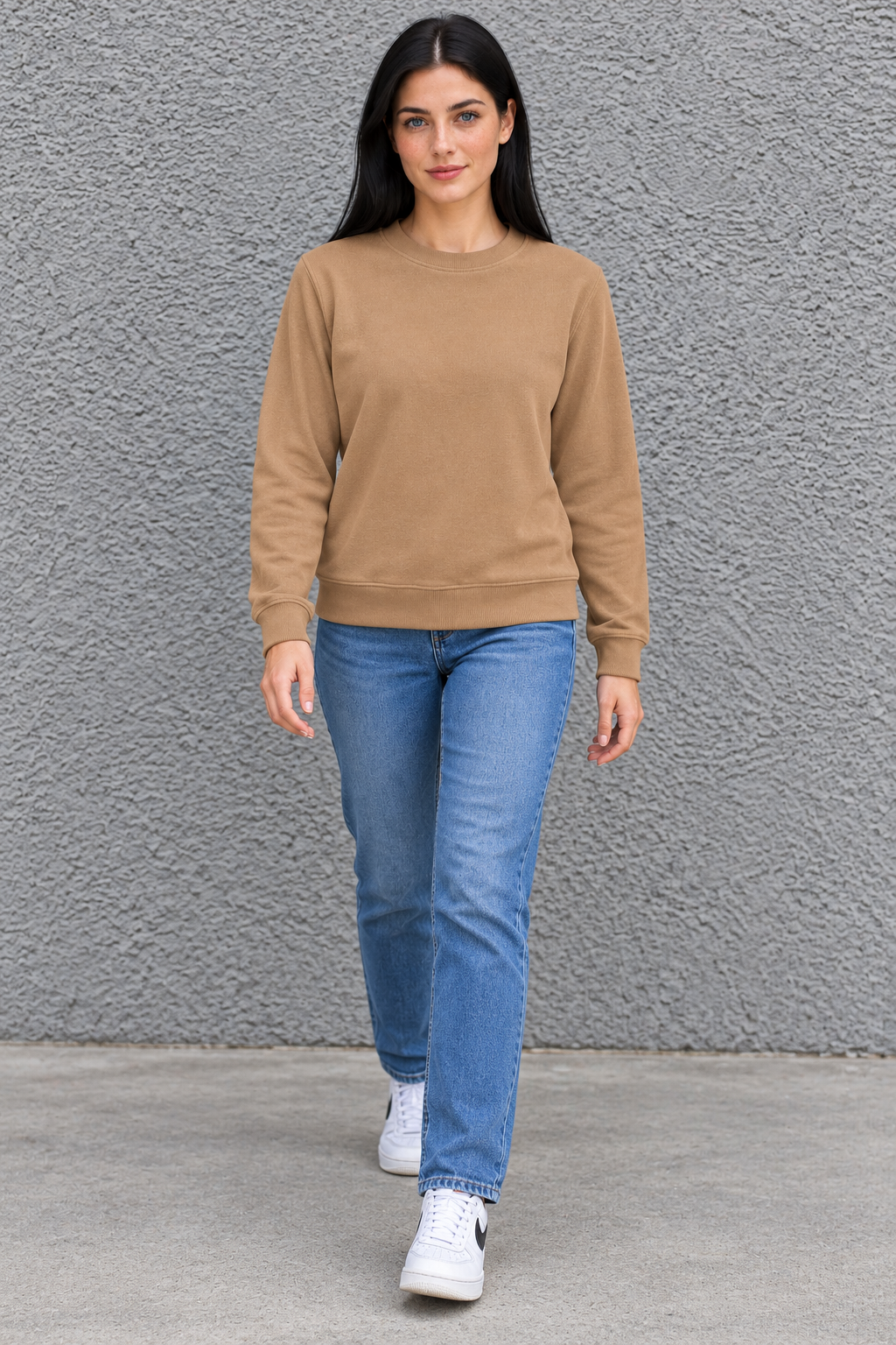 Women’s Lightweight Ultra Warm Knitted Sweatshirt – Camel Crew Neck, Full Sleeves