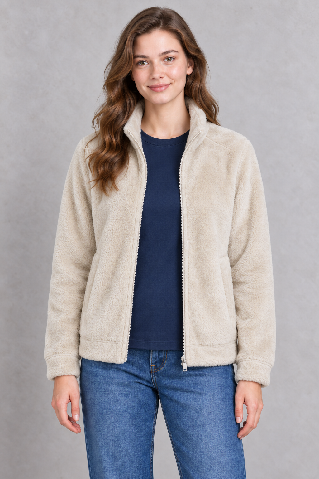 Women’s Sand Double-Sided Coral Fleece Full-Zip Sweatshirt – Regular Fit