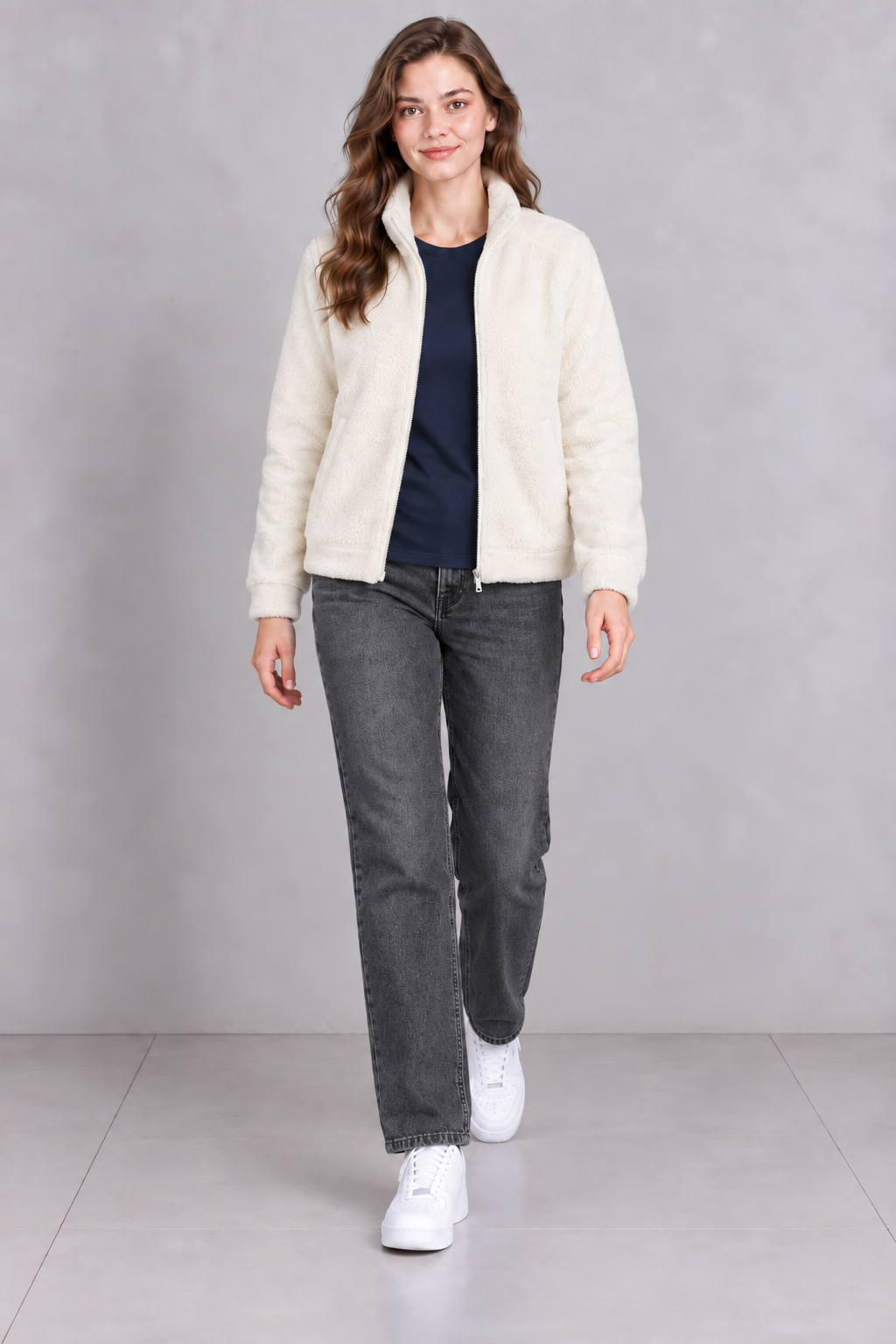 Women’s Off-White Double-Sided Coral Fleece Full-Zip Sweatshirt – Regular Fit
