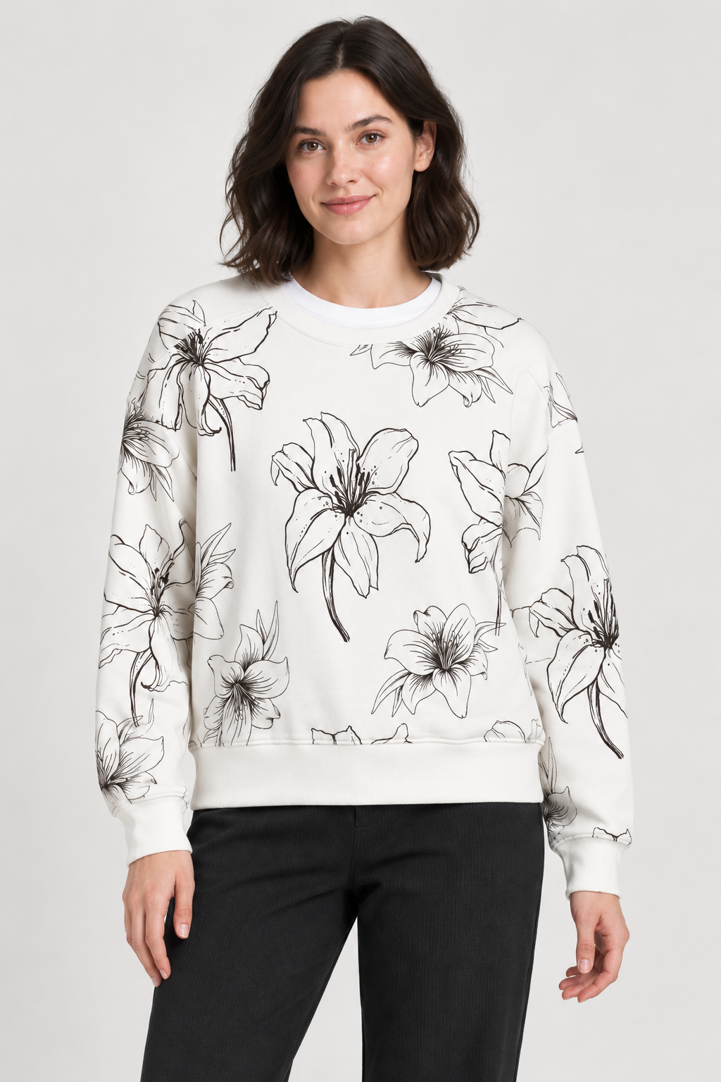 Women’s Cocoa Floral Print Cotton Brushed Fleece Sweatshirt – Regular Fit Crew Neck