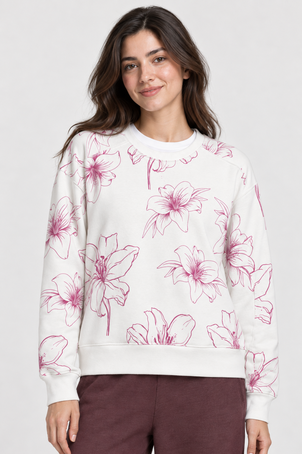 Women’s Hot Pink Floral Print Cotton Brushed Fleece Sweatshirt – Regular Fit Crew Neck