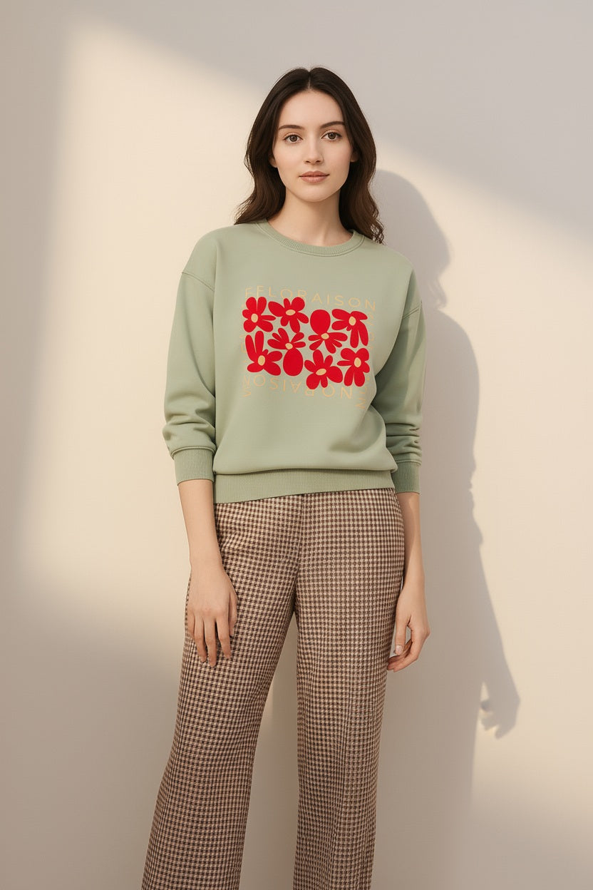 Women Round Neck Floral Print Sweatshirt
