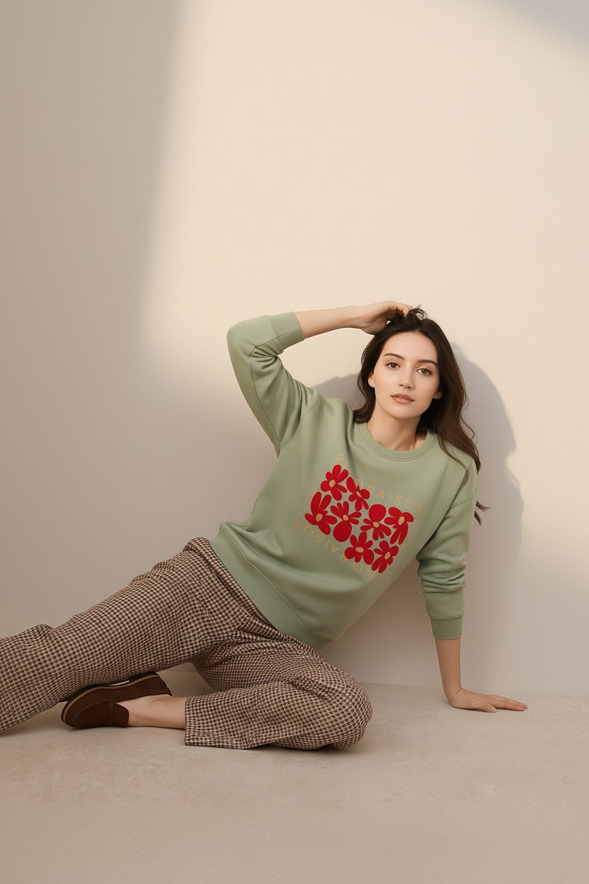 Women Round Neck Floral Print Sweatshirt