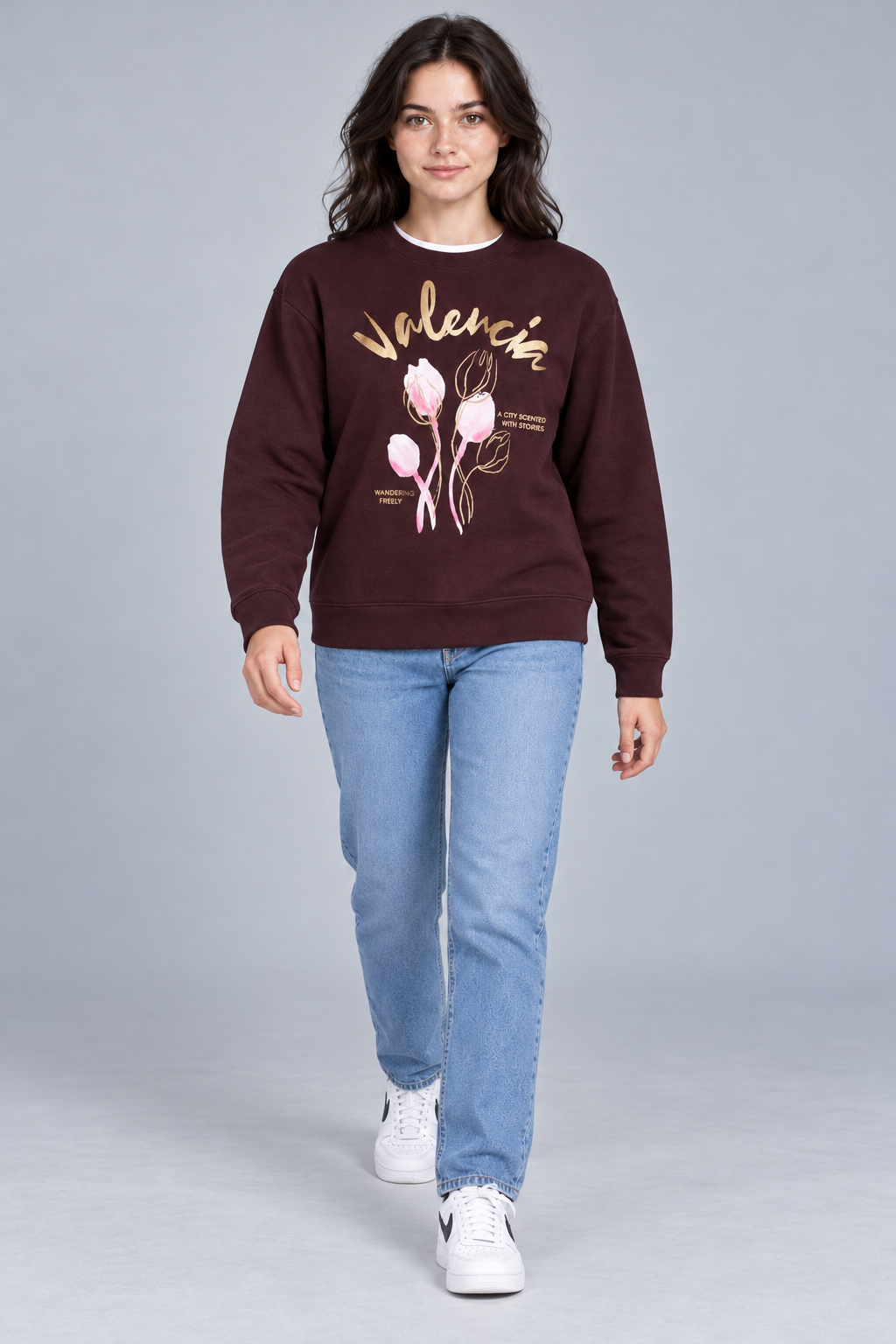 Women’s Wine Floral Print Regular Fit Cotton Brushed Fleece Sweatshirt
