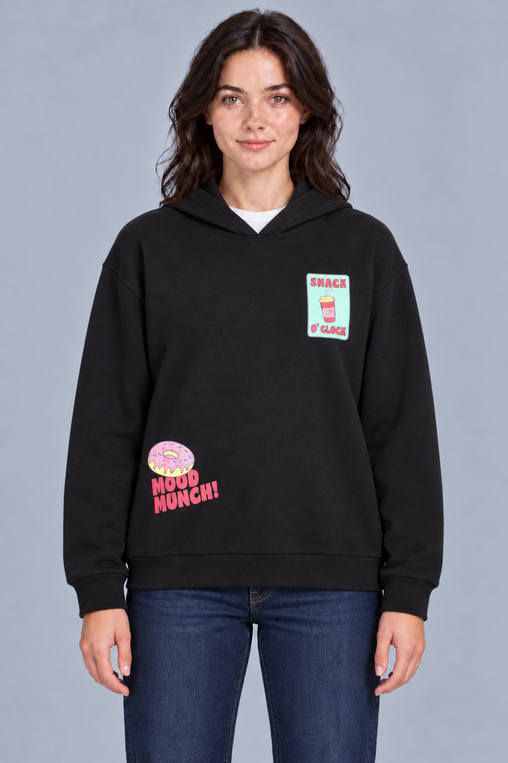 Women's Regular Fit Cotton Brushed Fleece Hooded Sweatshirt with Snack Graphic Print – Black