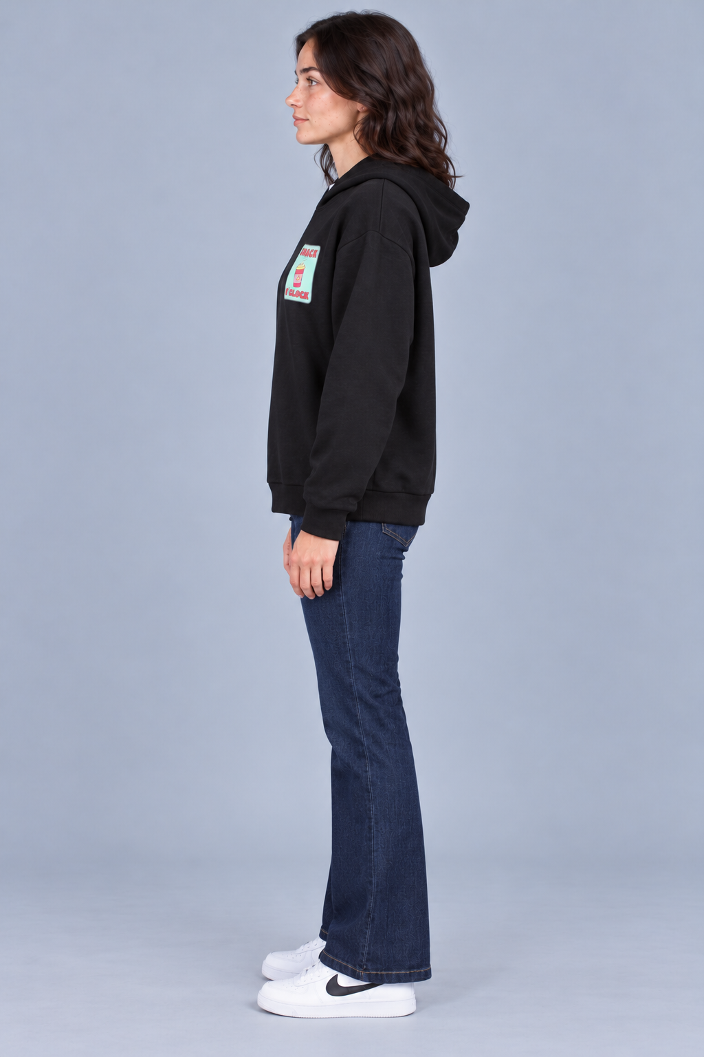 Women's Regular Fit Cotton Brushed Fleece Hooded Sweatshirt with Snack Graphic Print – Black