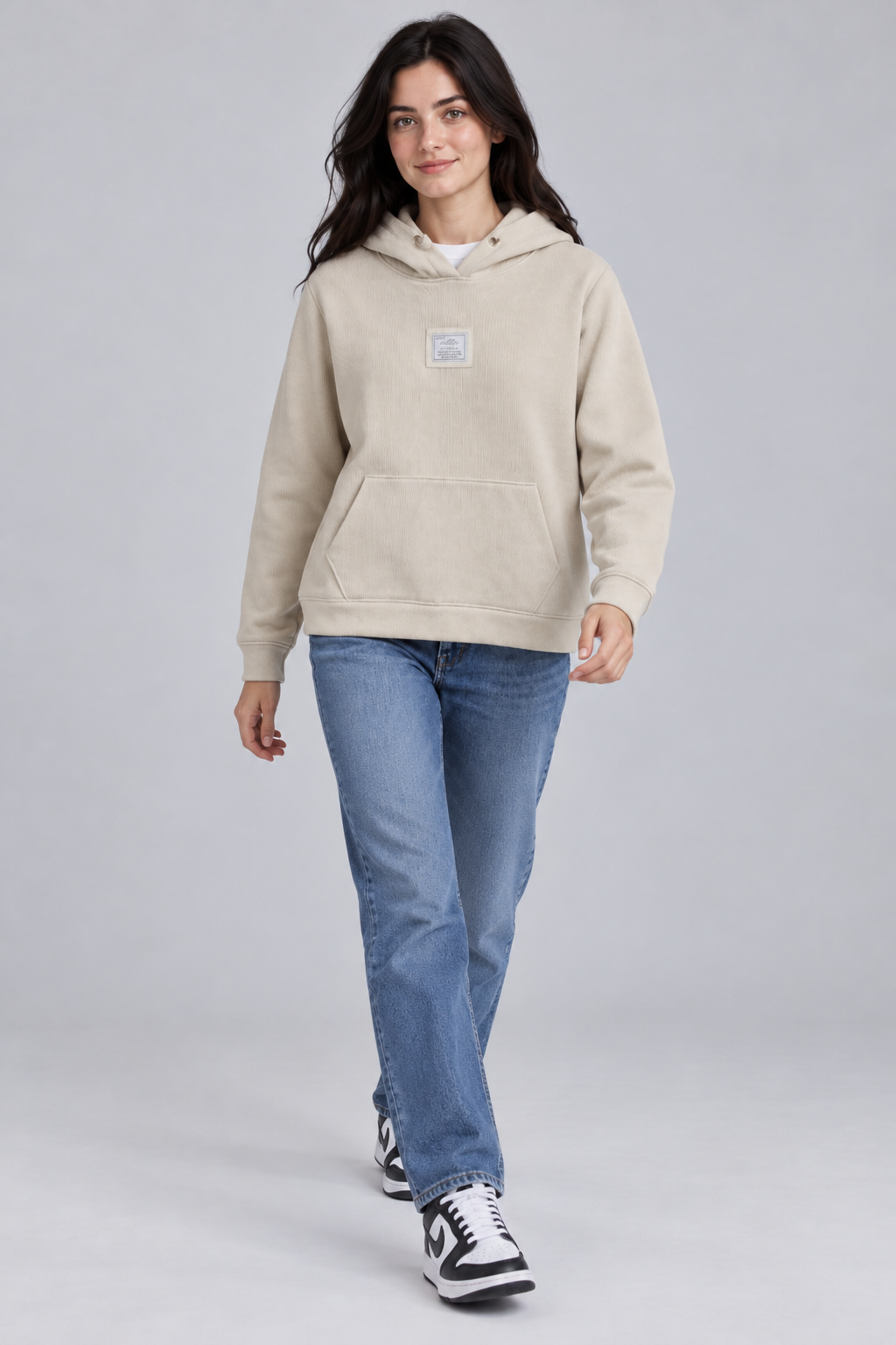 Women's Regular Fit Knitted Hooded Sweatshirt with Kangaroo Pocket – Beige