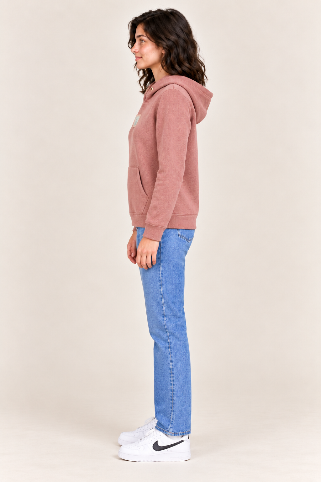 Women's Regular Fit Knitted Hooded Sweatshirt with Kangaroo Pocket – Peach