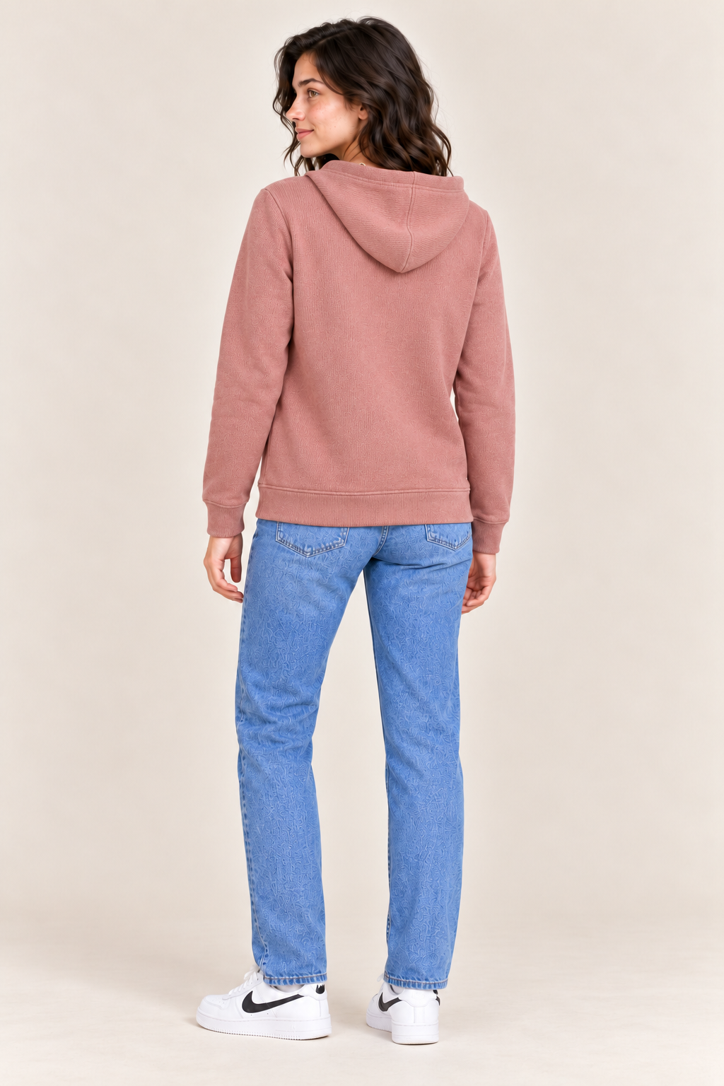 Women's Regular Fit Knitted Hooded Sweatshirt with Kangaroo Pocket – Peach