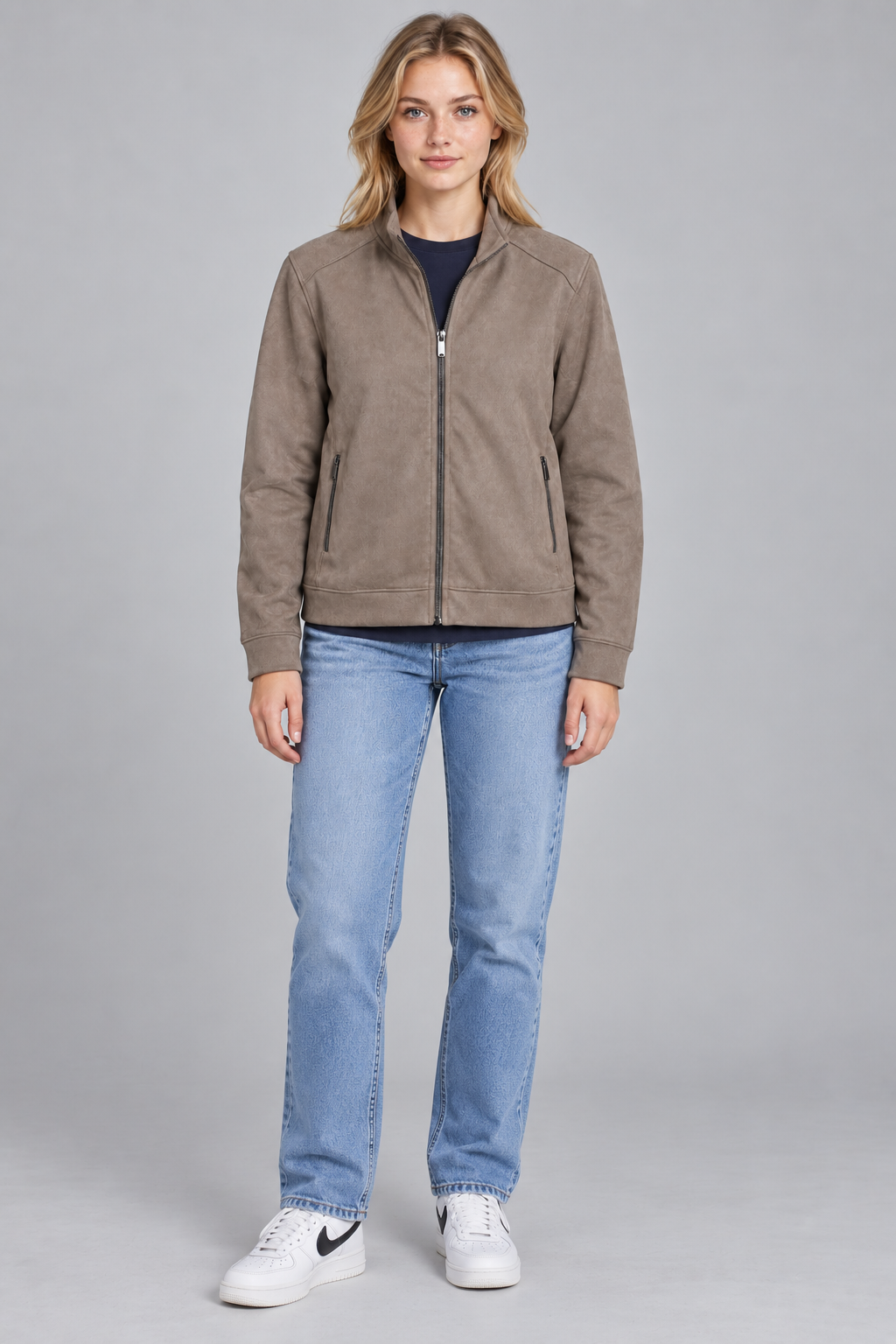 Women’s Regular Fit Knitted Suede Zip-Up Sweatshirt – Dark Stone