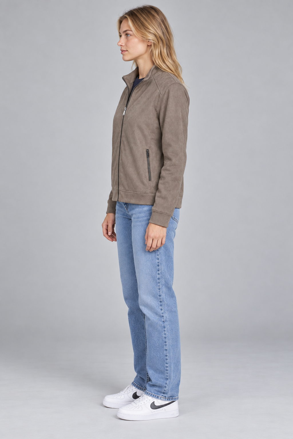 Women’s Regular Fit Knitted Suede Zip-Up Sweatshirt – Dark Stone